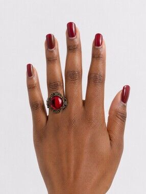 Signed KIM Garnet Cabochon Scroll Vintage 1970s Ring